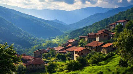Fototapeta premium Scenic Rhodope Village Nestled High in the Mountain Range for Rural and Landscape Photography Projects