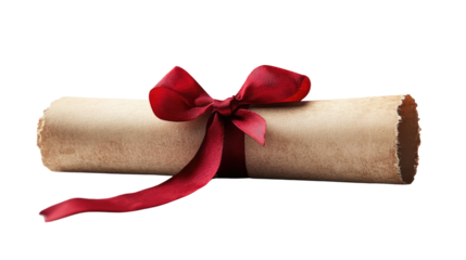 Diploma Presentation: A rolled-up diploma tied with a elegant red ribbon, capturing the essence of academic achievement and celebration, perfect for commemorating success and milestone