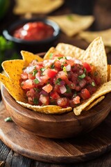 Crunchy tortilla chips accompanied by a tangy salsa for an ideal treat.