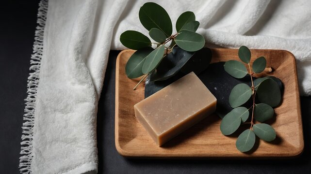 Natural soap arrangement with eucalyptus leaves on a wooden tray in a serene setting