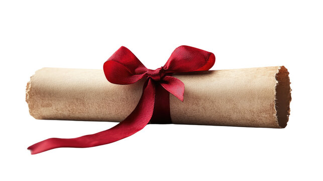 Diploma Presentation: A rolled-up diploma tied with a elegant red ribbon, capturing the essence of academic achievement and celebration, perfect for commemorating success and milestone