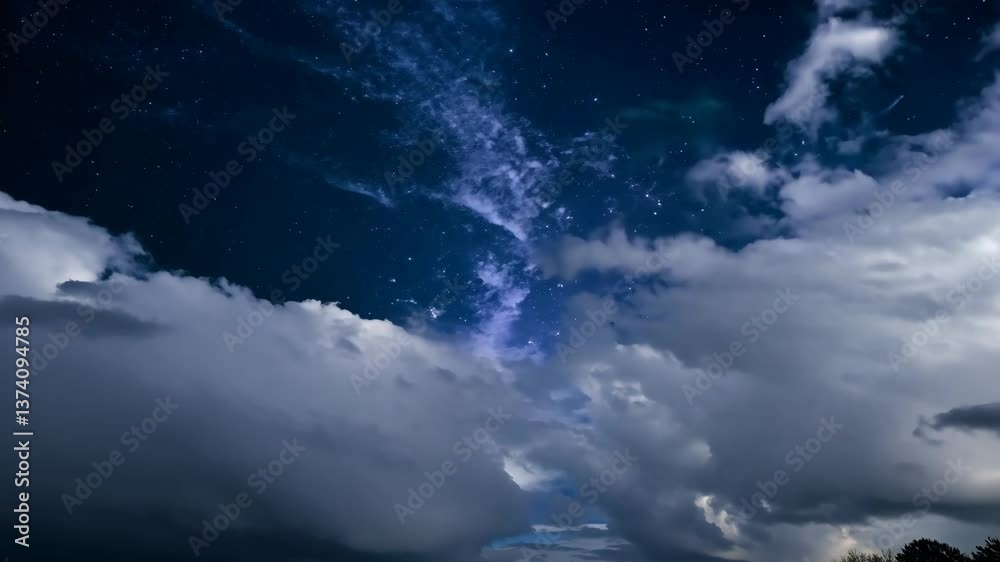 Poster the sky is dark blue with a few clouds. there are many stars in the sky. the stars are scattered thr