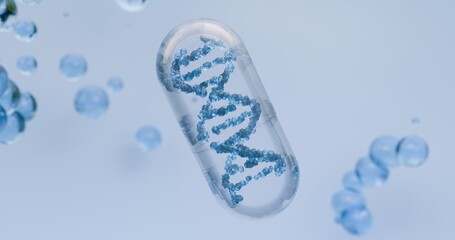3D illustration of a large transparent capsule with a DNA strand representing the concept of future medicine and a modified genome. Biotechnology, human genome, laboratory research, as well as genetic