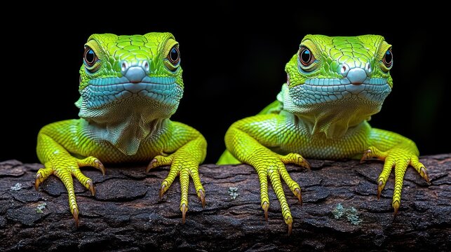 Two green lizards on a log, close-up, dark background, nature