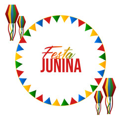 Obraz premium Festa Junina with party flags, holiday symbols, paper fanatics and a garland of paper flags. Bonfire. Vector illustration