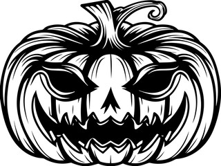 Fototapeta premium Jack-o-lanterns and pumpkins bring Halloween vibes in a spooky svg vector. Spooky Carved Pumpkin with Grinning Face and Sharp Teeth Design