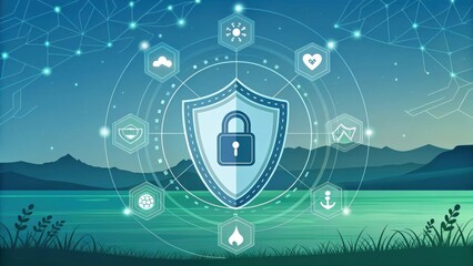 Fototapeta premium A digital illustration of a shield with a lock, surrounded by various icons representing cybersecurity and protection, set against a serene lake and mountain backdrop.