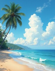 beautiful tropical blue sea beach digital art, fresh summer background