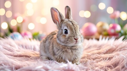 Naklejka premium Adorable Baby Bunny Sitting on Soft Pastel Pink Fluffy Surface with Dreamy Blurred Bokeh Background in Warm Tones Perfect for Easter Celebrations Spring-Themed Designs Cute Animal Stock Photography