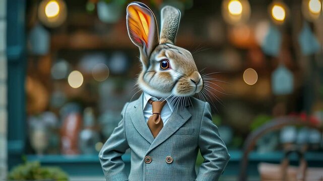 Easter Bunny Businessman Waiting. Animal Head in Suit Funny Footage. Rabbit in Tweed Jacket for corporate presentations, Spring Seasonal Advertising Motion Picture.