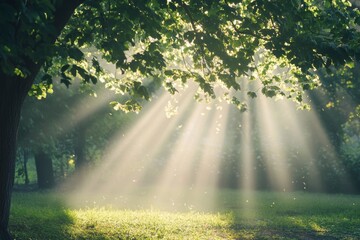 peaceful outdoor scene with sunlight filtering through trees in summer part or nature, representing a healing journey, and leaving ample room for text