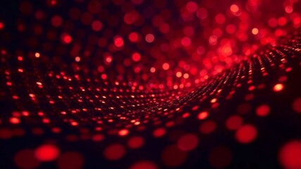 Glowing abstract red dots forming a digital wave pattern, blurred bokeh style, on a dark background, concept of technology and data flow