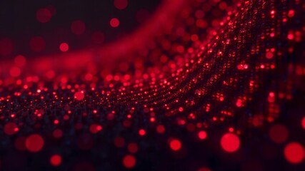 Glowing abstract red dots forming a digital wave pattern, blurred bokeh style, on a dark background, concept of technology and data flow