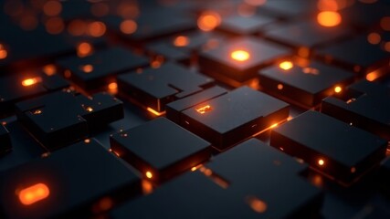 Black square tiles with glowing orange light gaps, digital futuristic style, dark background, concept of technology and energy grid