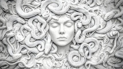 Abstract White Sculpture of a Serene Woman Surrounded by Intricate Snake Designs in Modern Art