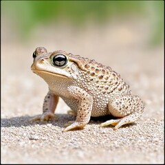 Obraz premium Close up of a small, light brown toad with dark speckles sitting on light brown sand against a blurred green background. The toad's skin texture is visible, and its large eyes are prominent.