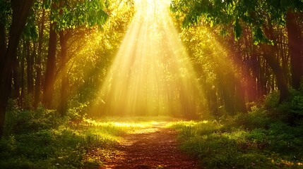 Obraz premium Sunlight Streaming Through Trees in a Tranquil Forest Pathway with Golden Glows and Lush Foliage