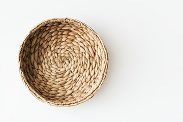 Round Seagrass Basket on White Background Woven Texture and Natural Style