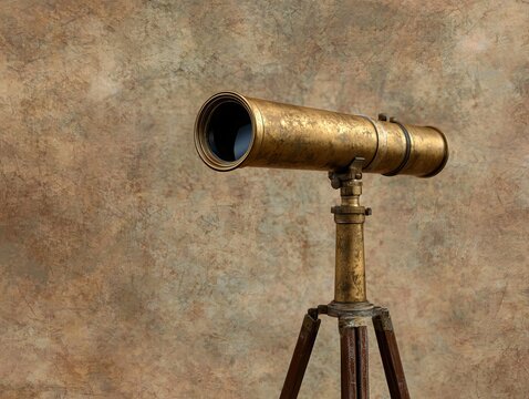This 4k image conceptualizes exploration and visionary leadership through the juxtaposition of a vintage telescope against a serene pastel beige canvas, carefully avoiding any grunge or dust for a