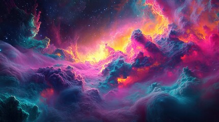 Fototapeta premium Vibrant Cosmic Cloudscape Fantasy Art A surreal nebula with pink purple teal and orange clouds swirling in space