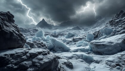 Lightning Strikes Above a Snowy Rocky Landscape with Overcast Sky