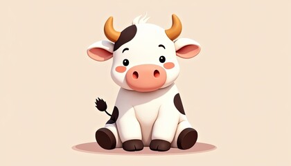 Adorable cartoon baby cow sitting on light background