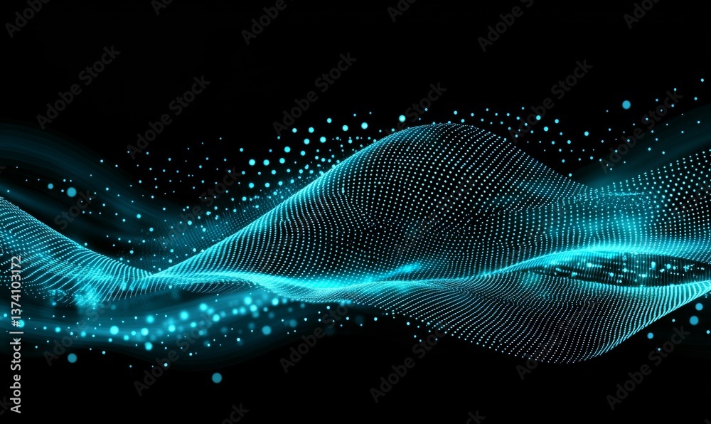 Poster the image features an abstract blue geometrical background with a futuristic technology style, incor