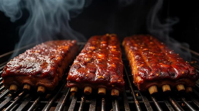close-up of juicy bbq ribs in a smoker.