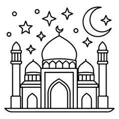 Black and White Mosque With Crescent Moon and Stars for Coloring