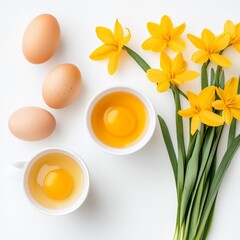 Fototapeta premium Composition with raw eggs and yellow daffodil on clean white background representing contrast of nature and ingredient purity in conceptual food floral image with soft studio lighting