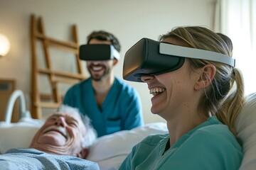 Excitement filled the nurse as she observed the elderly man using virtual reality glasses while in bed