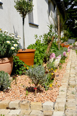 Naklejka premium Blumenbeet mit Sandstein Würfel Pflasterstein Einfassung, Rasen