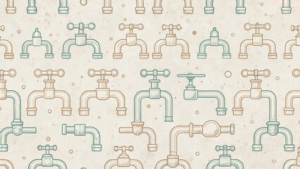 A Seamless Pattern of Vintage Water Taps with Hand-Drawn Sketch Style and Subtle Textured Background