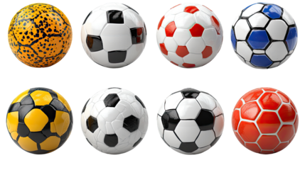 Soccer Balls Collection: A captivating array of soccer balls, each showcasing unique color schemes and intricate designs, laid out to entice players.