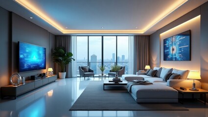 A modern living room design featuring advanced technology and ai assist elements for a stylish and comfortable home