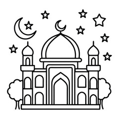 Black and White Mosque With Crescent Moon and Stars for Coloring