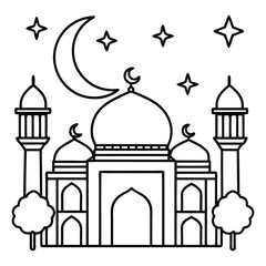 Black and White Mosque With Crescent Moon and Stars for Coloring