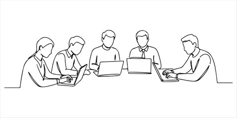 A cartoon vector group of business people forms a teamwork circle continuous single line art drawing sketch on white background
