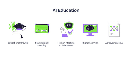 AI Education features icons of a graduation cap, tablet, and robot hand, symbolizing learning and technology, transparent background. Playful style icons