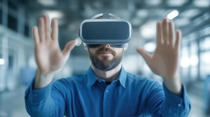 A man explores virtual reality with a VR headset, showcasing the future of digital interaction and immersive experiences.