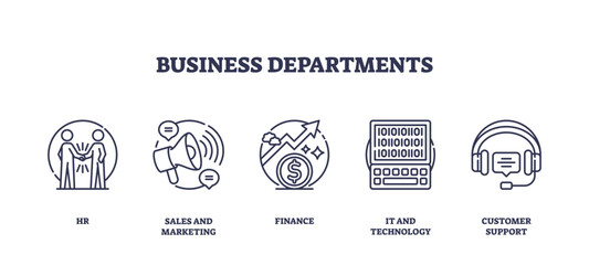 Business departments icons include HR, marketing, finance, IT, and support, transparent background. Outline icons set.