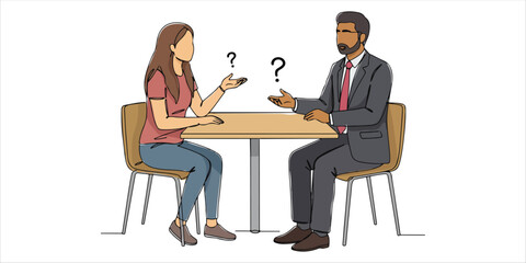 young woman asking questions and a man in a suit answering them while sitting at a table continuous single line art drawing sketch on white background