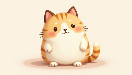 Round cartoon tabby cat with pink cheeks on beige background