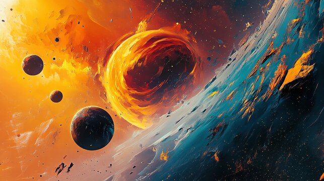 A gas giant with swirling red and yellow storms, 6 moons orbiting, cosmic winds in the background, blocky motif, postmodern architecture, orange and cyan color scheme, space debris floating.