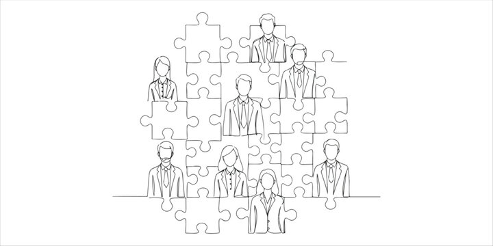 puzzle pieces with different people in business suits in each continuous single line art drawing sketch on white background