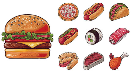 Fast food icons retro style diverse menu vector graphics