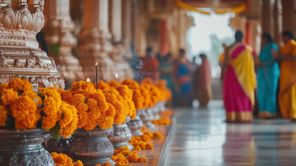 Devotees wearing brightly colored traditional clothes are attending a prayer ceremony at a Hindu temple in America, the altar is decorated with marigold flowers, Ai generated images