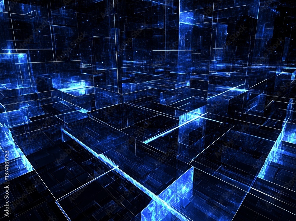 Poster image of an abstract futuristic portal or data center created using digital generation techniques