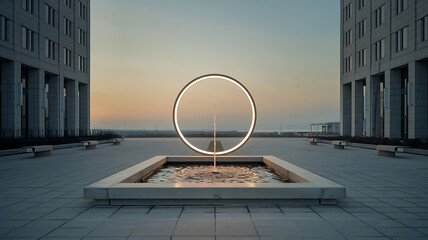 Modern urban plaza fountain sunrise glow minimalist design