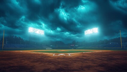 Night baseball game under a dramatic teal sky.  The infield is bathed in the glow of stadium lights.